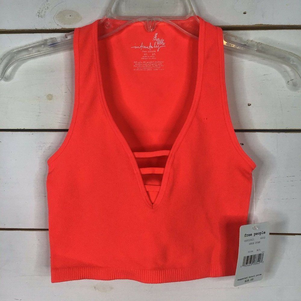 New Free People Lattice Neck Pullover Brami Neon Pink Red Women's M/L